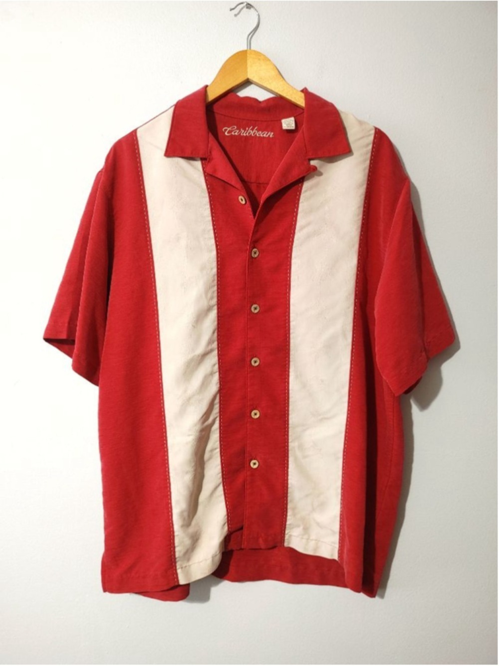 Men's Caribbean Red & Beige Casual Button Down Bowling Shirt L